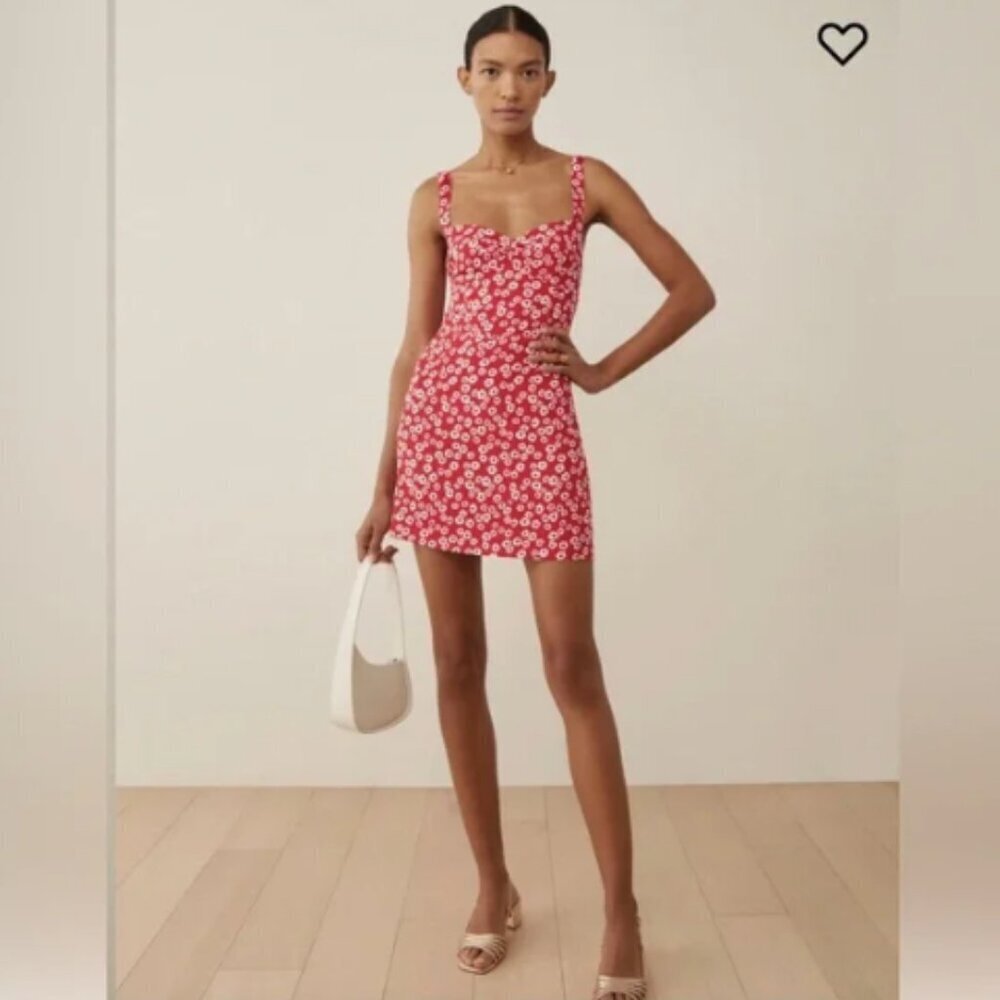 Reformation Baldwin Dress Red Daisy Print Mini Dress 4 - Picture 2 of 14